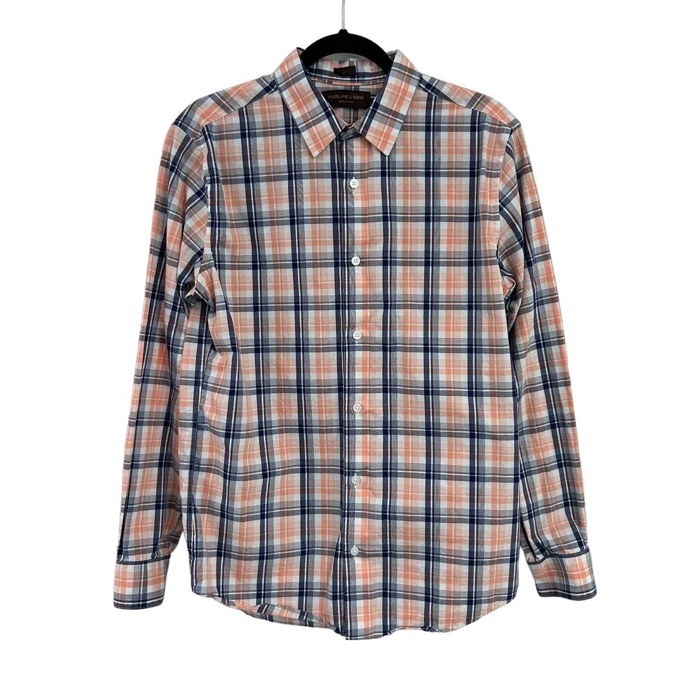 Fairlane & Sons Orange Navy Plaid Slim Fit Button Down Shirt Medium